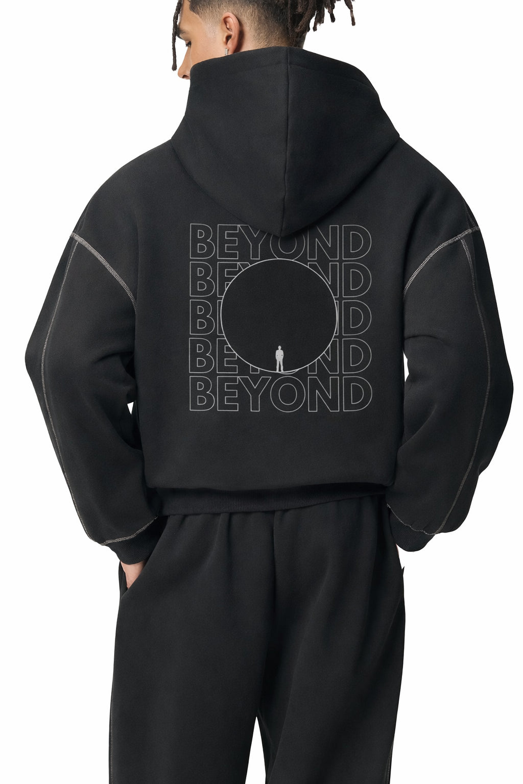 Black Stitched Boxy Fleece Hoodie