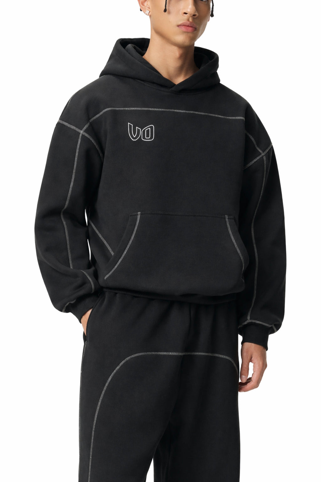 Black Stitched Boxy Fleece Hoodie