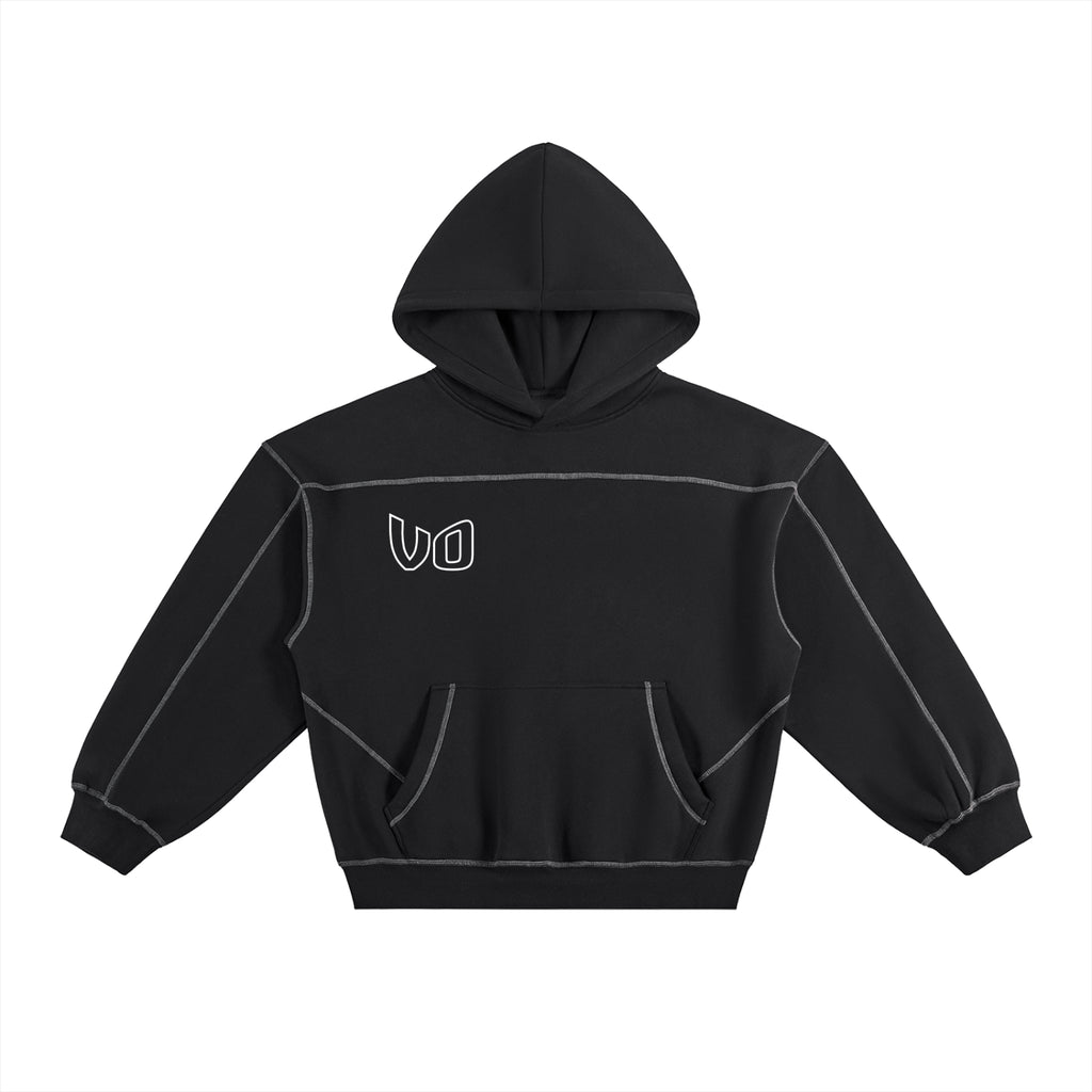 Black Stitched Boxy Fleece Hoodie