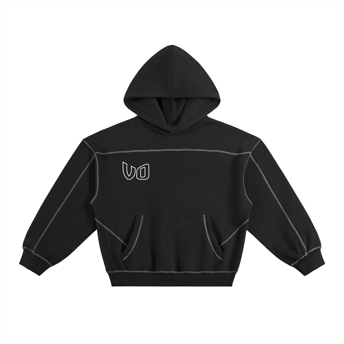 Black Stitched Boxy Fleece Hoodie
