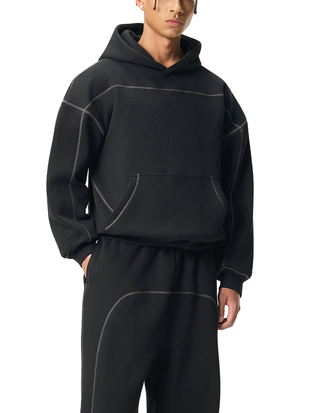 Grey Stitched Boxy Fleece Hoodie